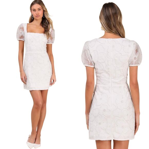 Lulus Square Neck Puff Sleeve Tarabya White 3D Floral Beaded Mini Dress size S - Picture 1 of 5